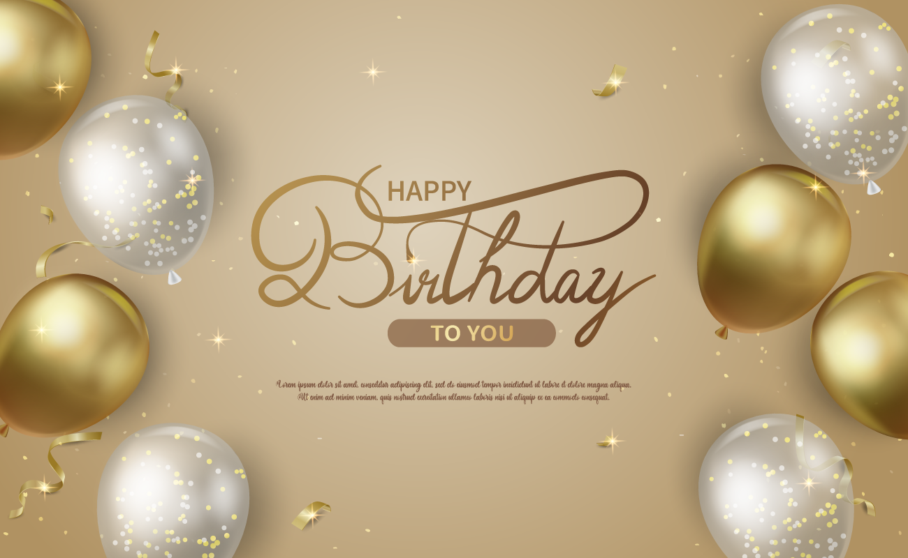 A happy birthday card with gold and silver balloons and confetti.