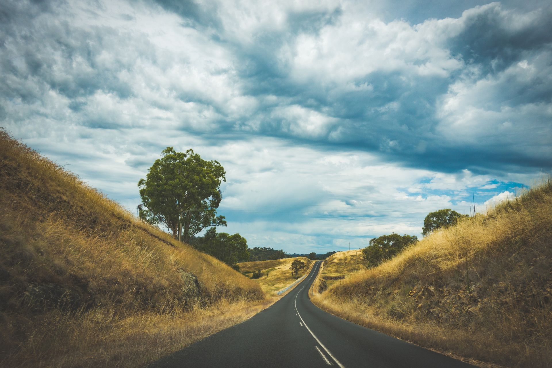A road with a tree on the side of it and a cloudy sky.