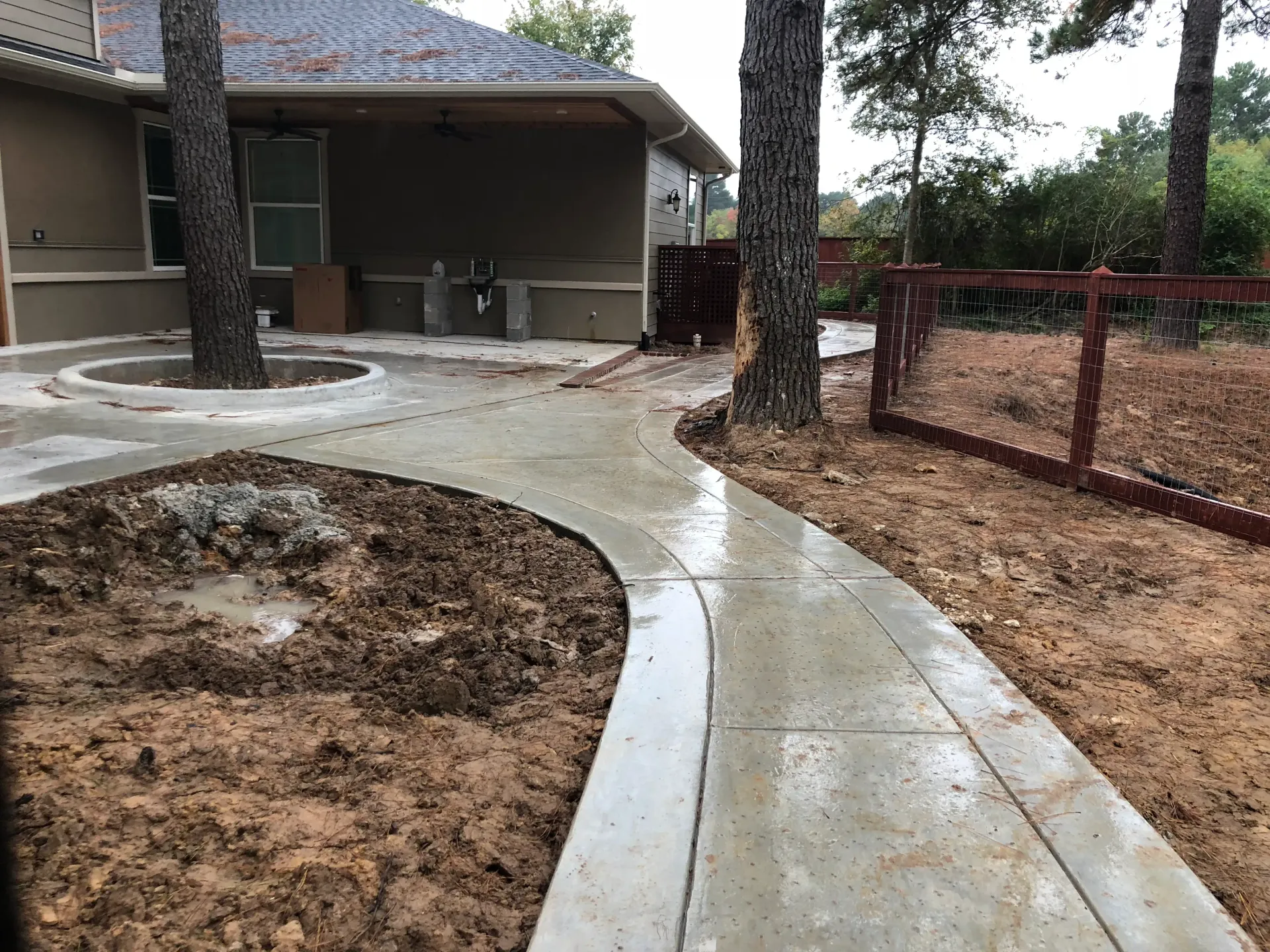 Curved concrete walkway beside a house, with pine straw landscaping and trees in a wet yard