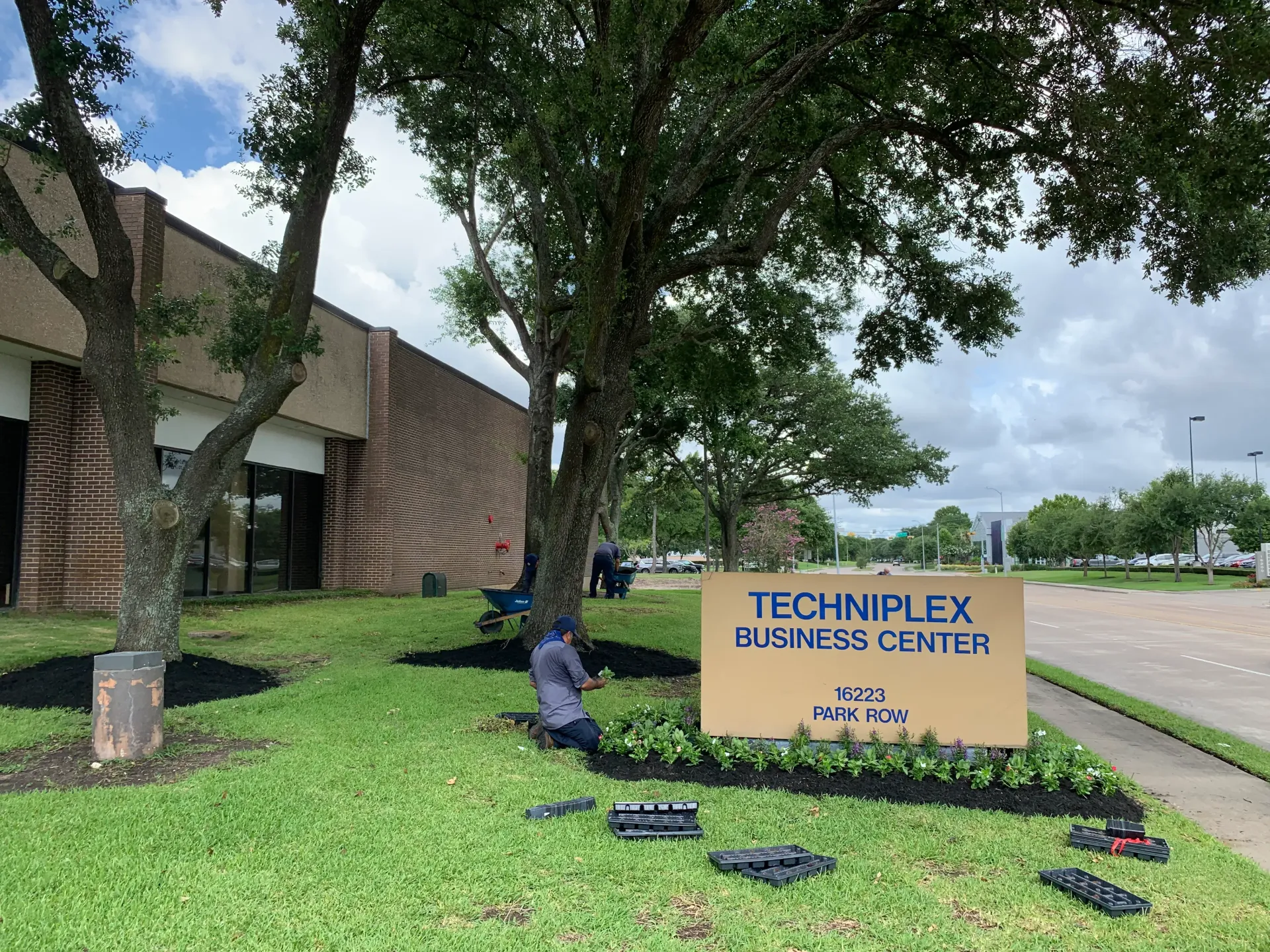 TECHNIA FX sign on a grassy campus lawn beside trees and a building under cloudy sky