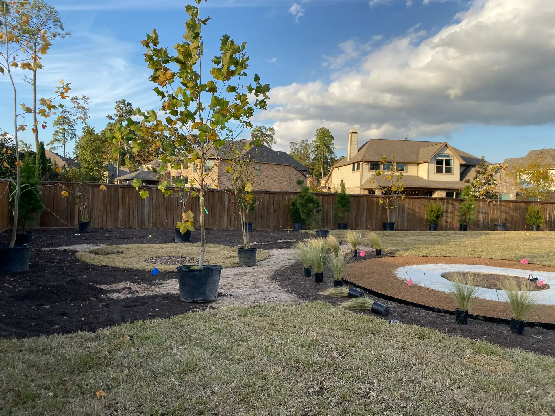 Backyard with young trees, a fenced lawn, and a circular stone fire pit under a blue sky