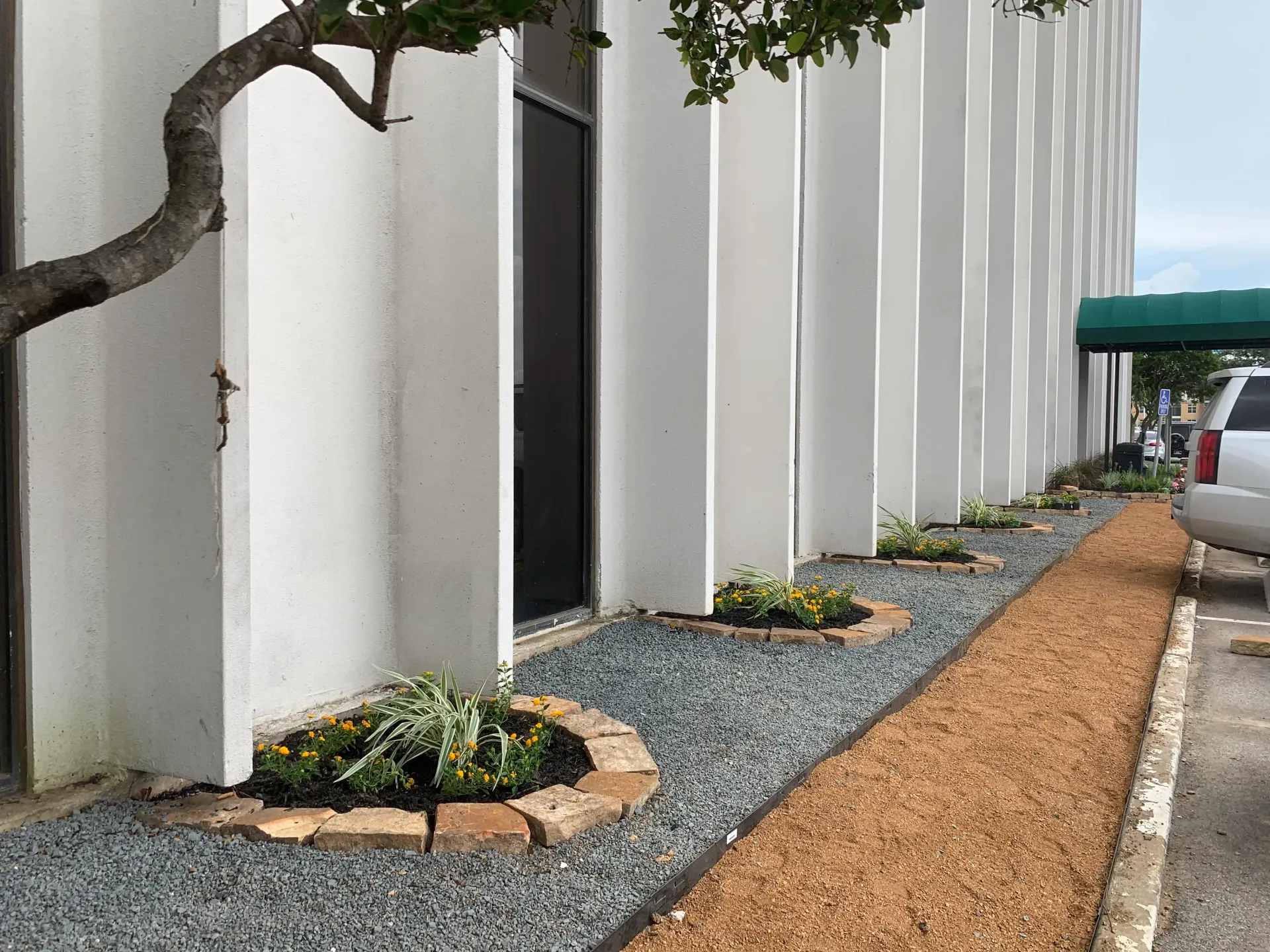 Landscaped walkway beside white building with gravel beds, shrubs, and a tree
