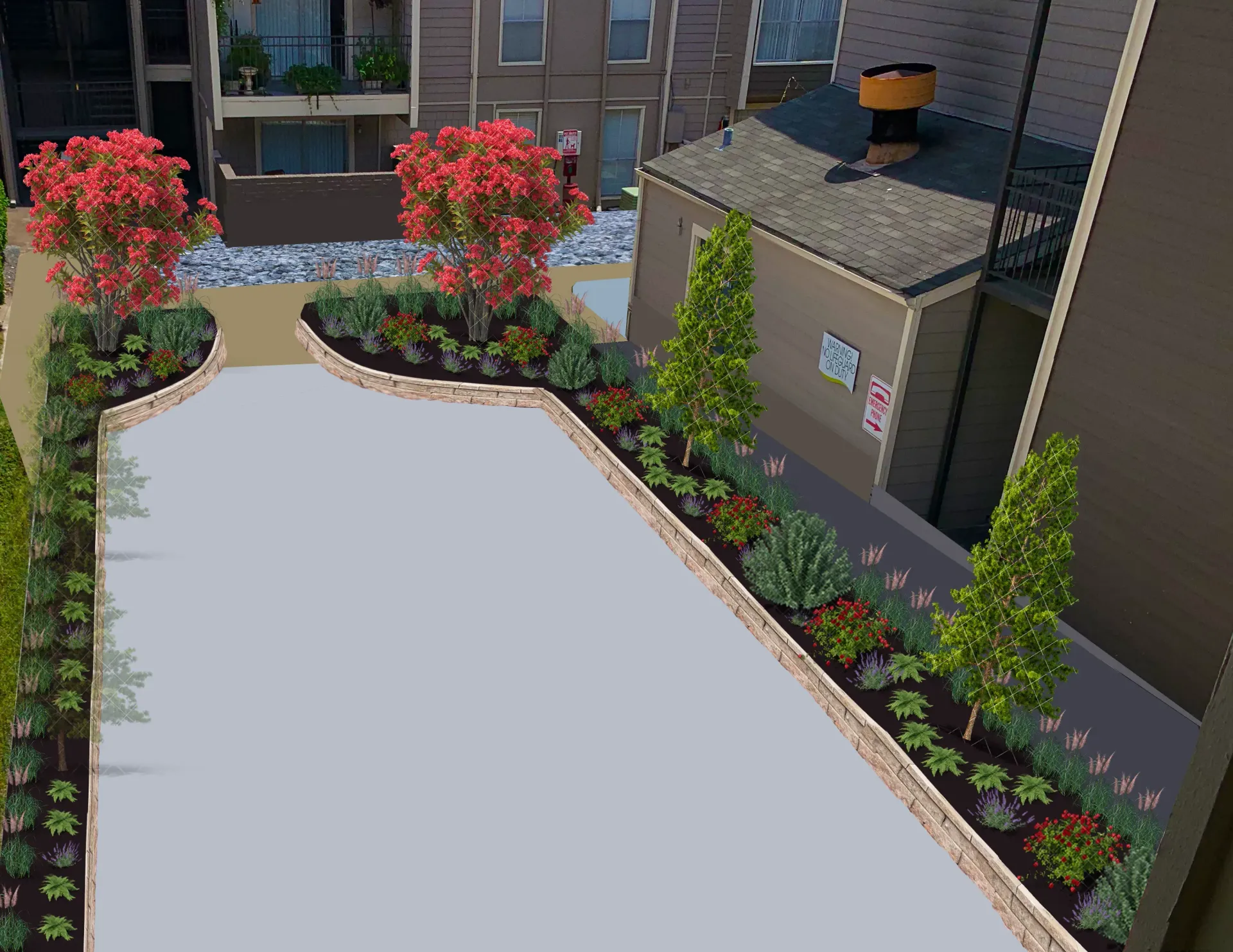 Landscaped courtyard with red flowering shrubs, green plants, and apartment buildings beside a paved path