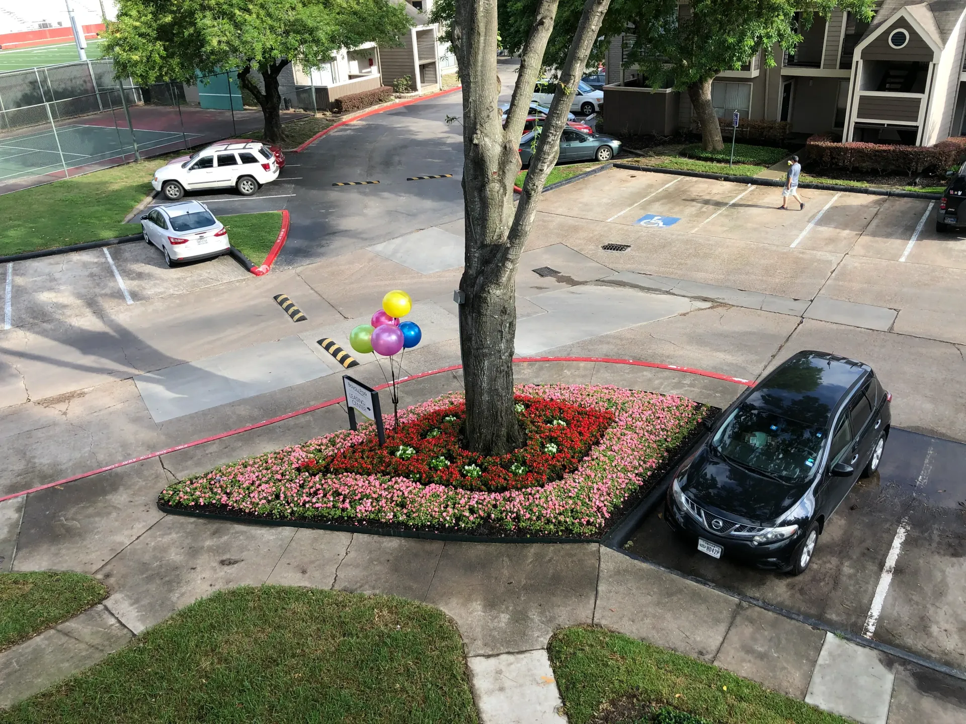 Apartment parking lot with a tree, flower bed, parked cars, and colorful balloons near the sidewalk