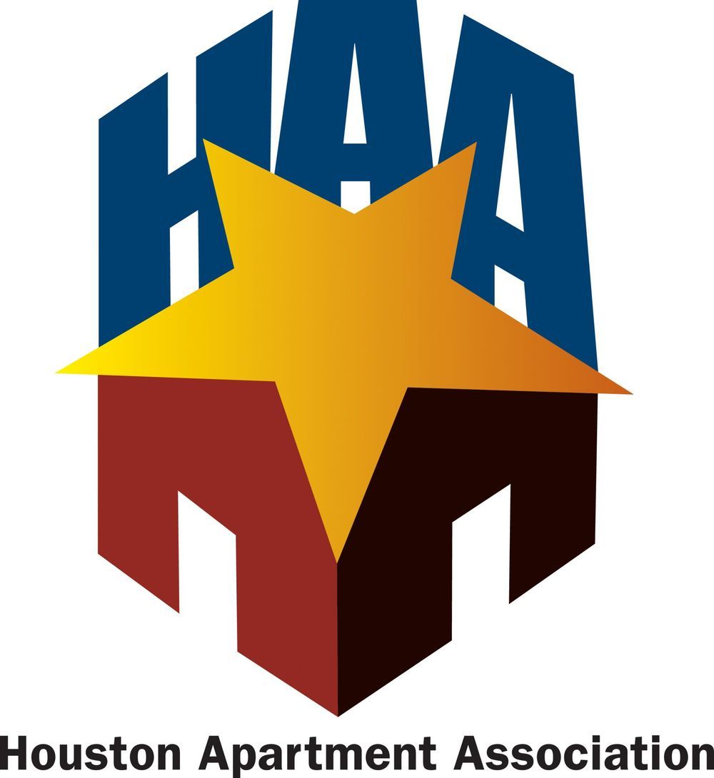 Houston Apartment Association logo with blue letters and a gold star above red-brown shapes