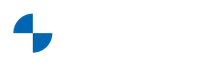 Logo geometrico blu con ritaglio bianco su sfondo bianco.