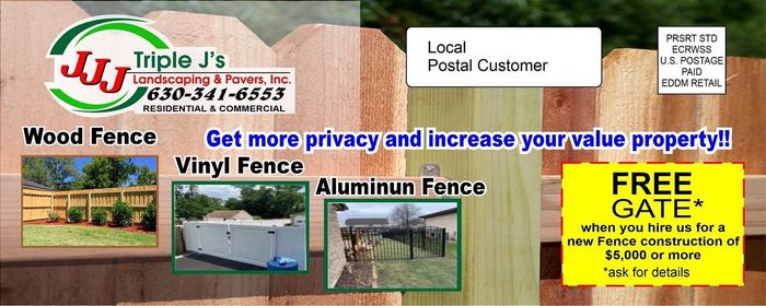 An ad for triple j 's fence company shows a wood fence vinyl fence and aluminum fence