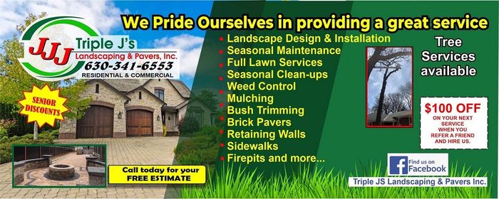 An advertisement for triple j 's landscape design and installation