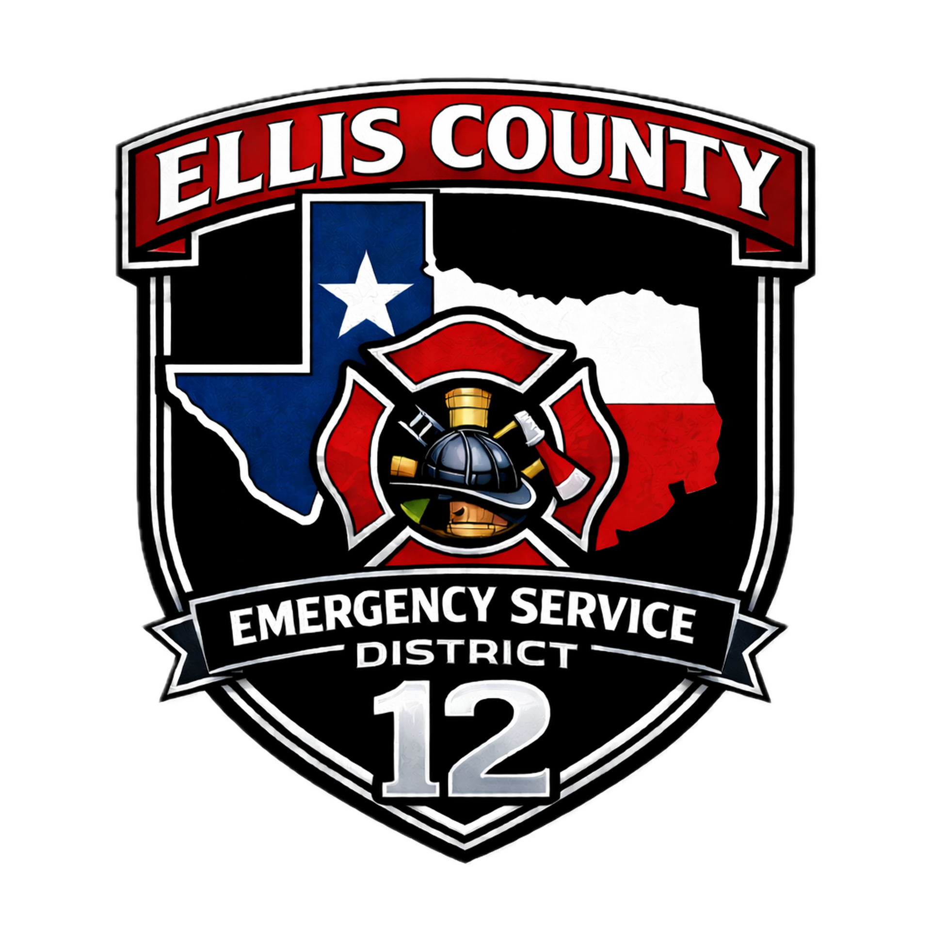 Logo for Ellis County Emergency Service District 12 featuring a Texas state map, a firefighter helmet, and axes.