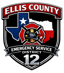 Logo for Ellis County Emergency Service District 12 featuring a Texas state outline, fire helmet, and axe icon.