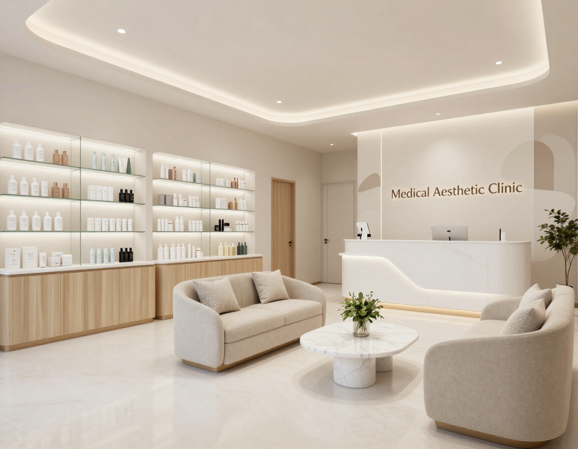 Recepción de clínica luminosa y moderna con asientos de color beige, estantes blancos y un mostrador minimalista.