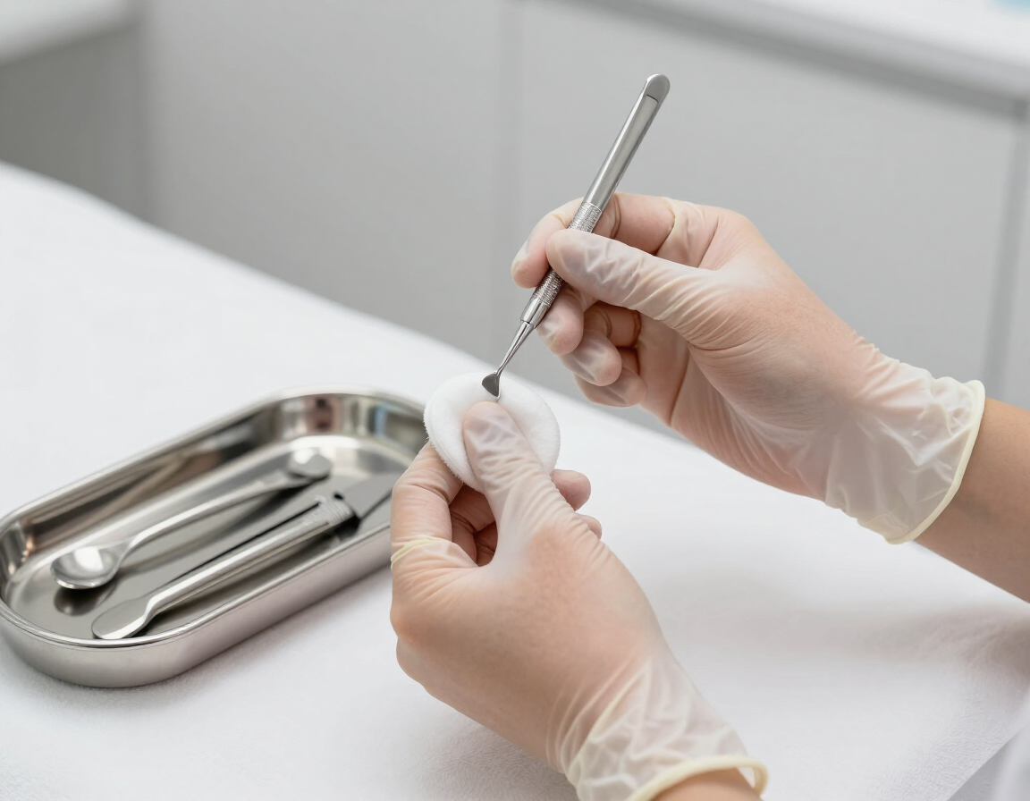 Manos enguantadas limpiando un instrumento dental de metal en una bandeja en un espacio de trabajo estéril.