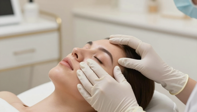 Unas manos enguantadas aplican un tratamiento facial a una clienta recostada en un entorno de spa.