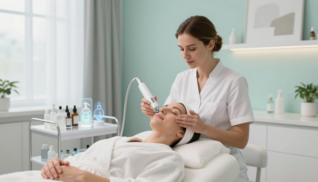 Esteticista aplica un tratamiento facial a una clienta relajada en una luminosa sala de spa.