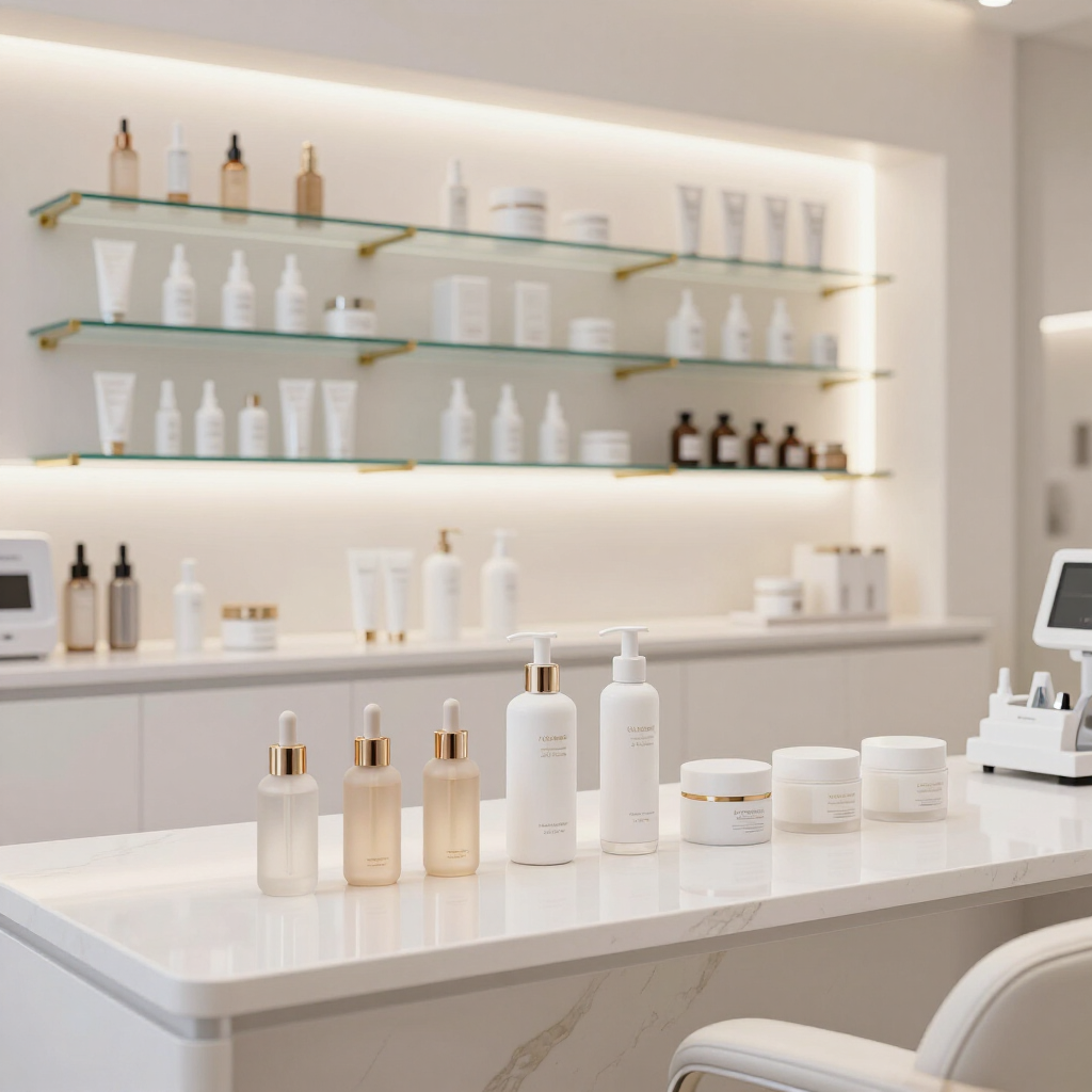 Exhibición minimalista de productos para el cuidado de la piel con frascos blancos y beige en estantes.