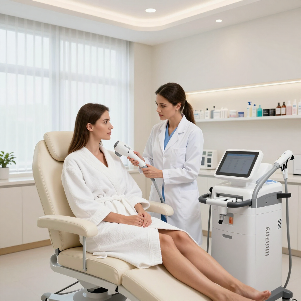 Un médico utiliza un dispositivo portátil para examinar a un paciente en una luminosa sala de spa médico.