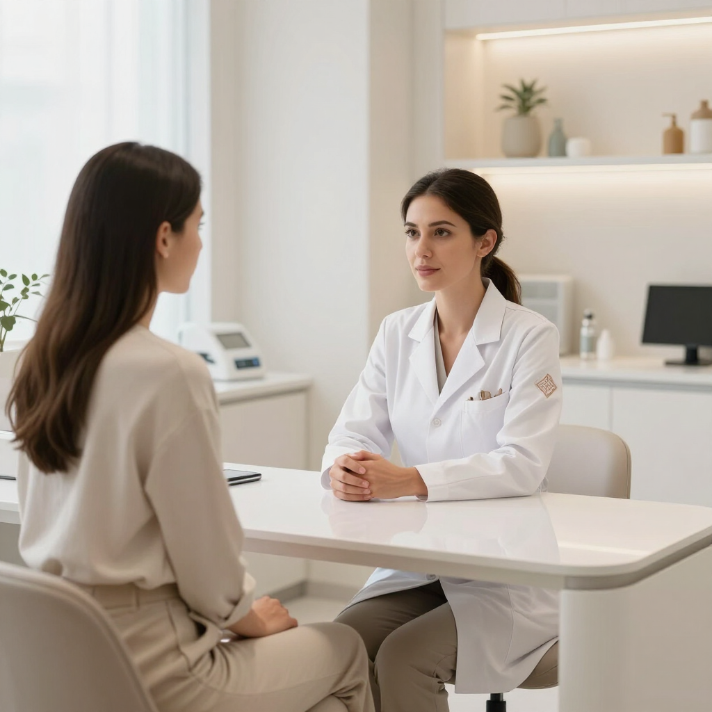 Médico con bata blanca atendiendo a un paciente sentado en una clínica luminosa y moderna.