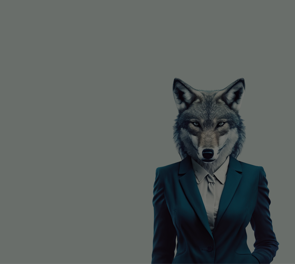 A woman with a wolf head is wearing a suit