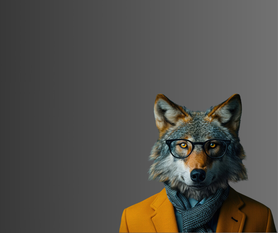A wolf wearing glasses and a suit is looking at the camera.