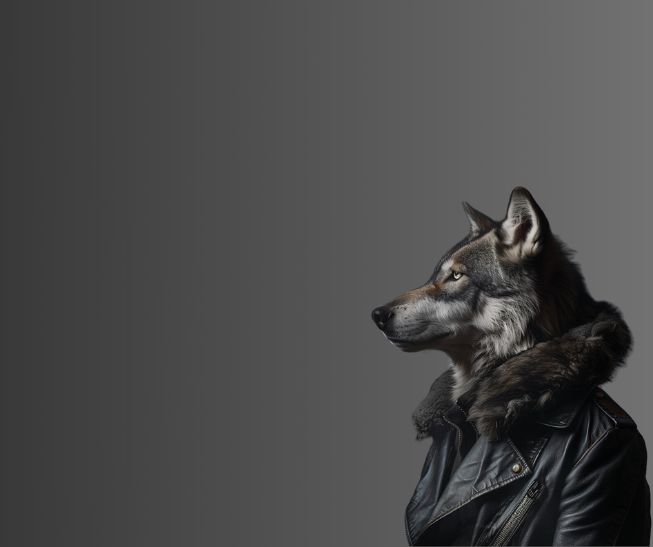 A wolf is wearing a leather jacket with a fur collar.