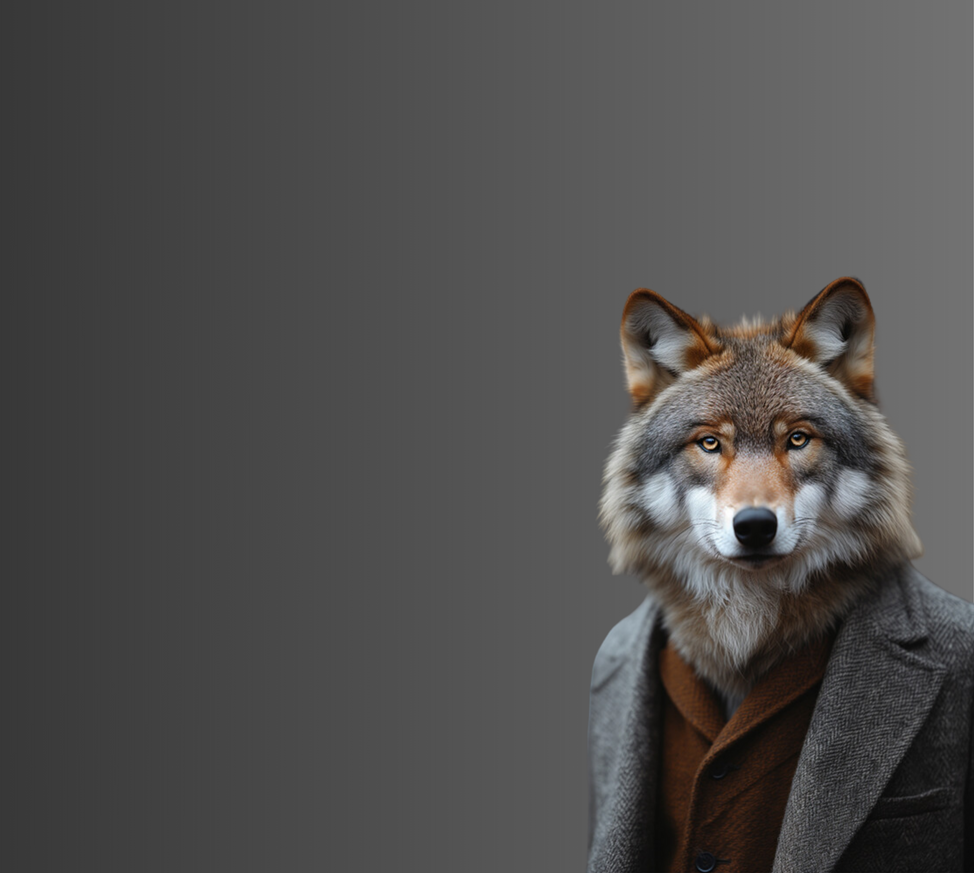 A wolf wearing a suit and tie is looking at the camera