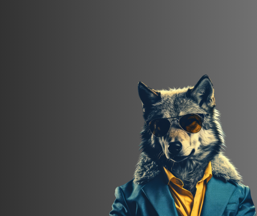 A wolf wearing sunglasses and a blue suit