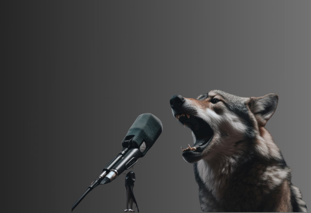 A wolf is singing into a microphone with its mouth open