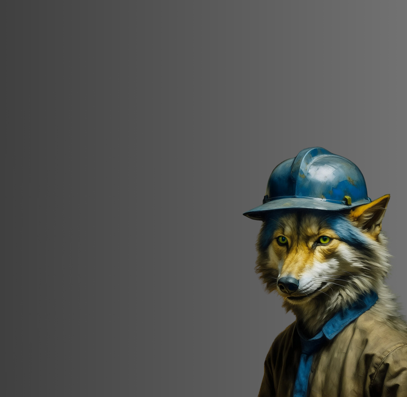 A wolf wearing a hard hat and tie