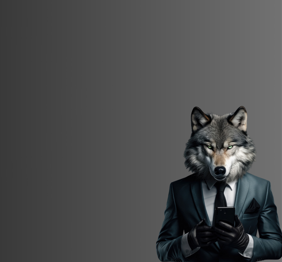 A wolf is wearing a suit and tie and holding a cell phone.
