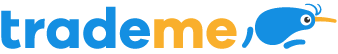 A blue and orange trademe logo with a bird on it