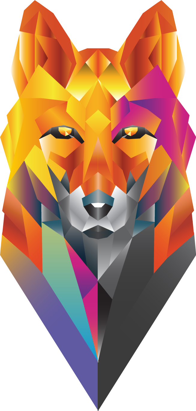 A colorful geometric illustration of a fox 's head.