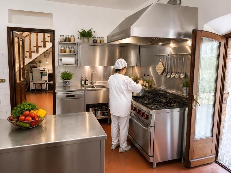 Uno chef cucina in una cucina in acciaio inossidabile, mescolando il contenuto di una grande pentola sotto la cappa aspirante.