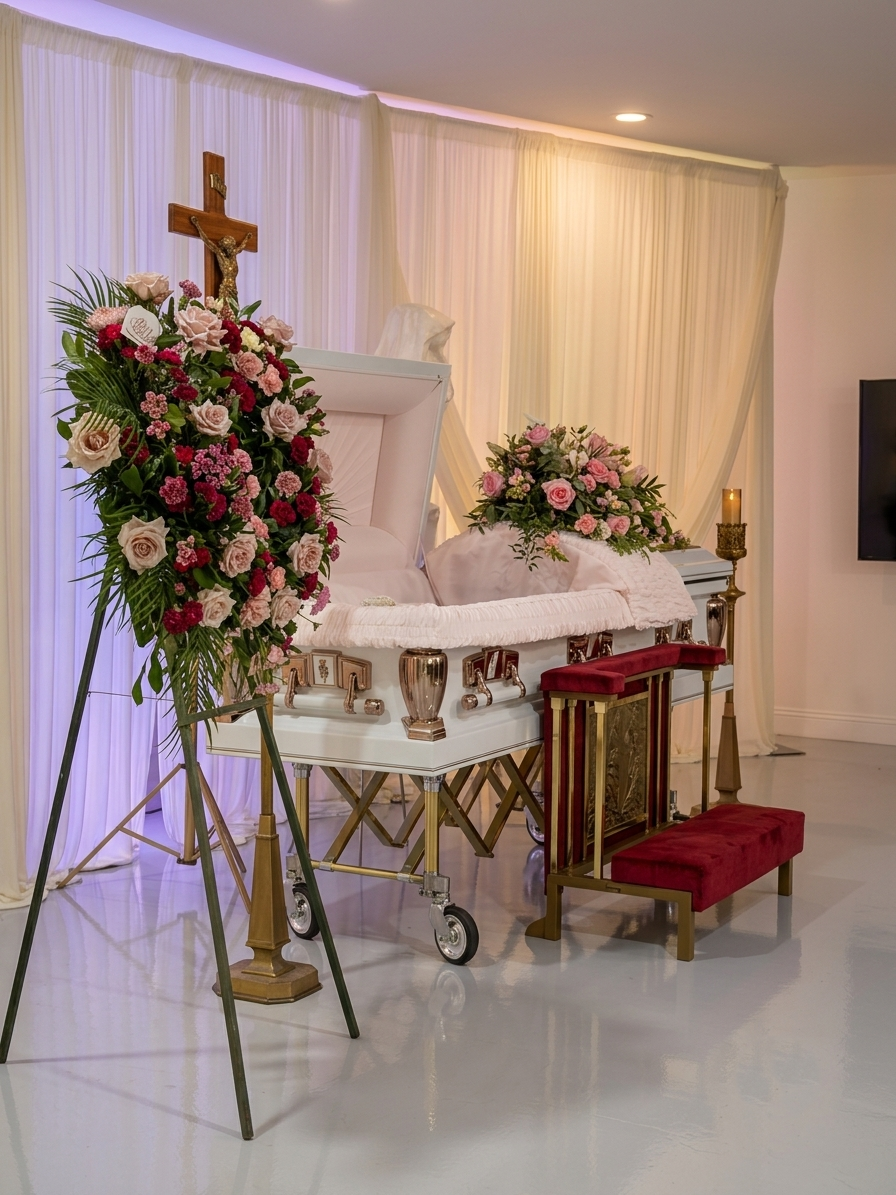 White casket with floral sprays beside a cross in a softly lit funeral room