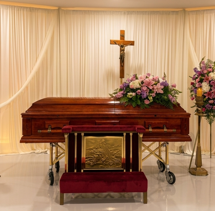 Closed casket at a funeral chapel, with floral arrangements and a crucifix backdrop