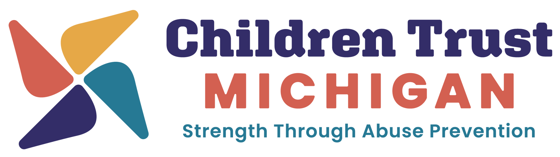 Logo for Children Trust Michigan with a four-colored pinwheel graphic and the text "Strength Through Abuse Prevention."