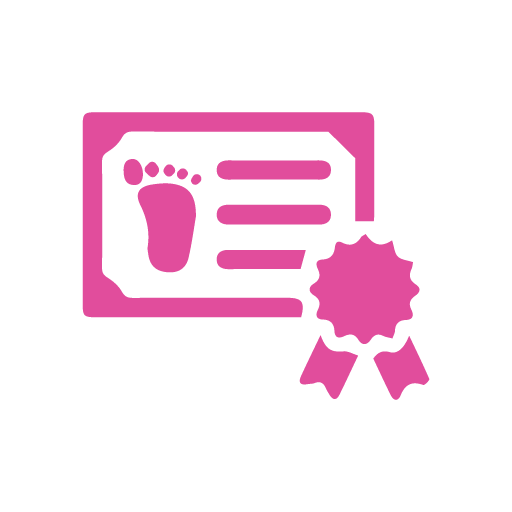 A pink icon of a birth certificate featuring a baby footprint and an official seal with ribbons.