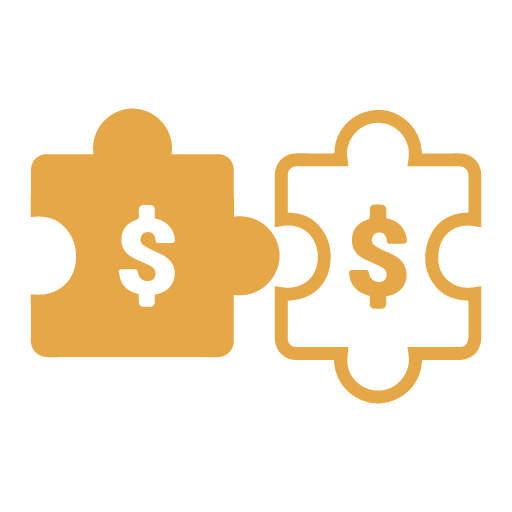 Two puzzle pieces side-by-side, one solid yellow and one yellow outline, both featuring a white dollar sign symbol.