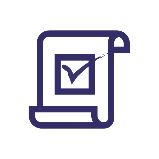 A dark blue outline icon of a scroll or document featuring a square with a checkmark inside.