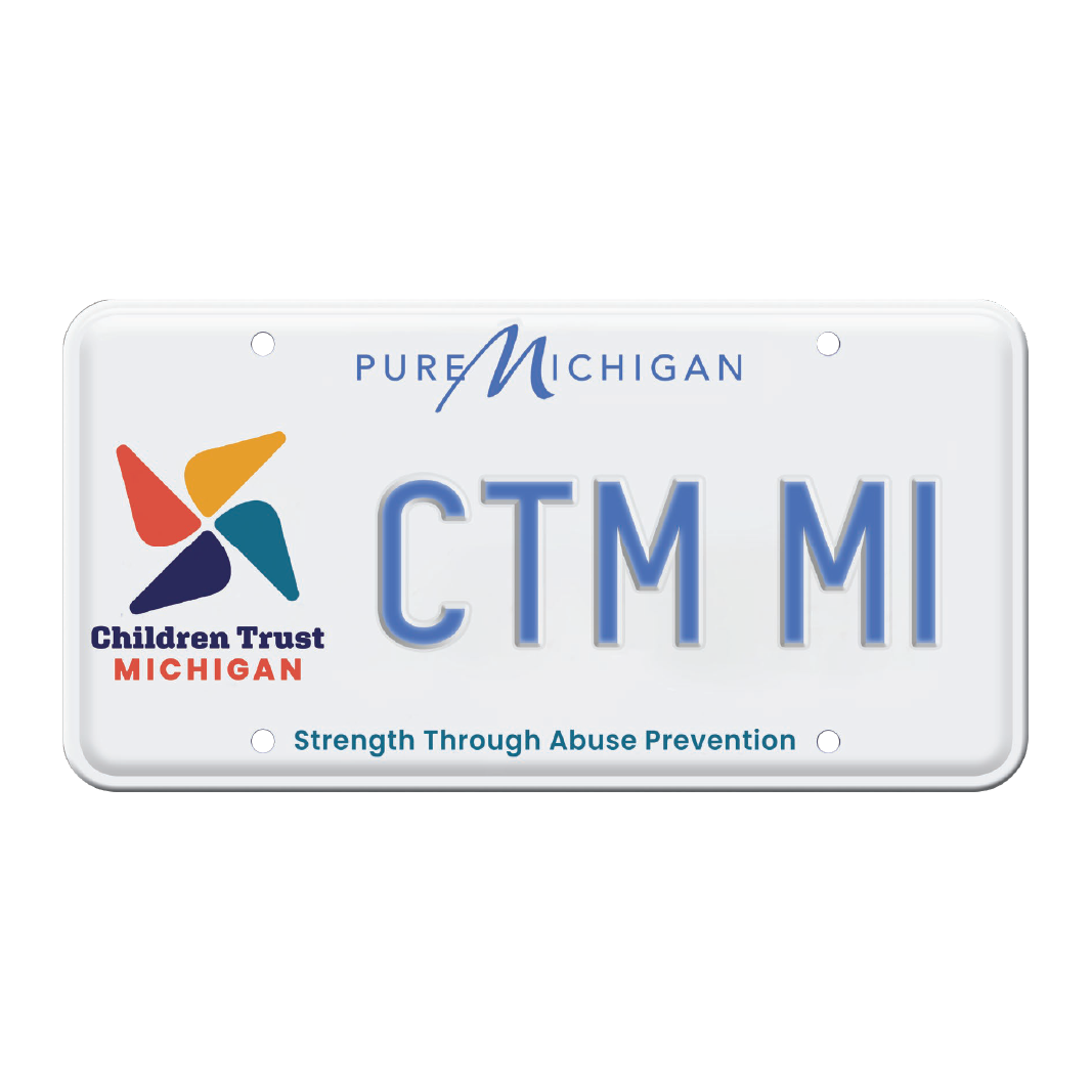 A Michigan license plate for Children Trust Michigan with a pinwheel logo and text, "Strength Through Abuse Prevention."