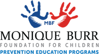 Logo for the Monique Burr Foundation for Children with blue and red handprints flanking white wings and text below.