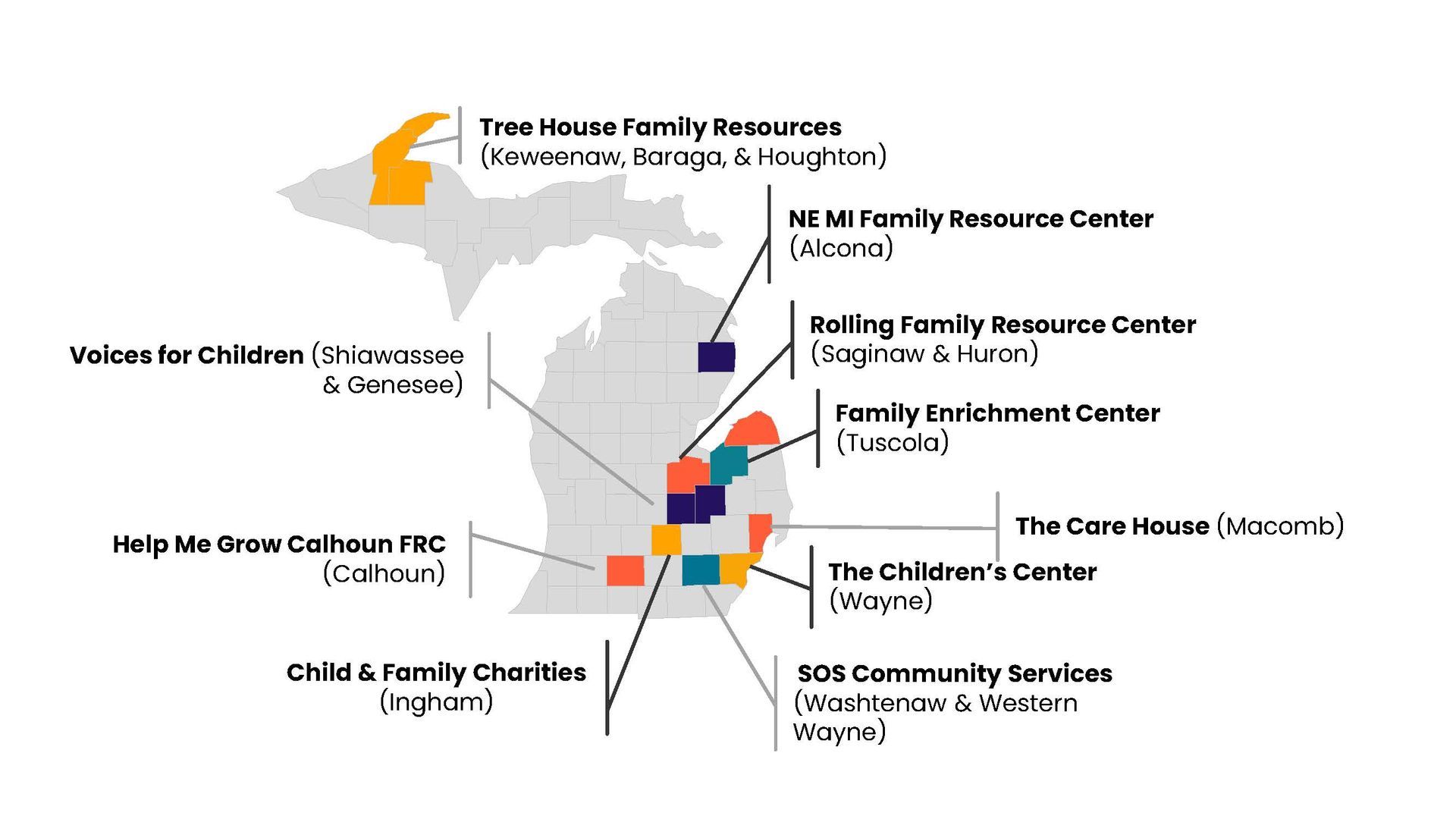 Map of Michigan highlighting locations and names of various family resource centers across the state.