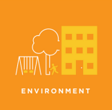 An orange icon showing a swing set, a tree, a small figure, and a building, with the word