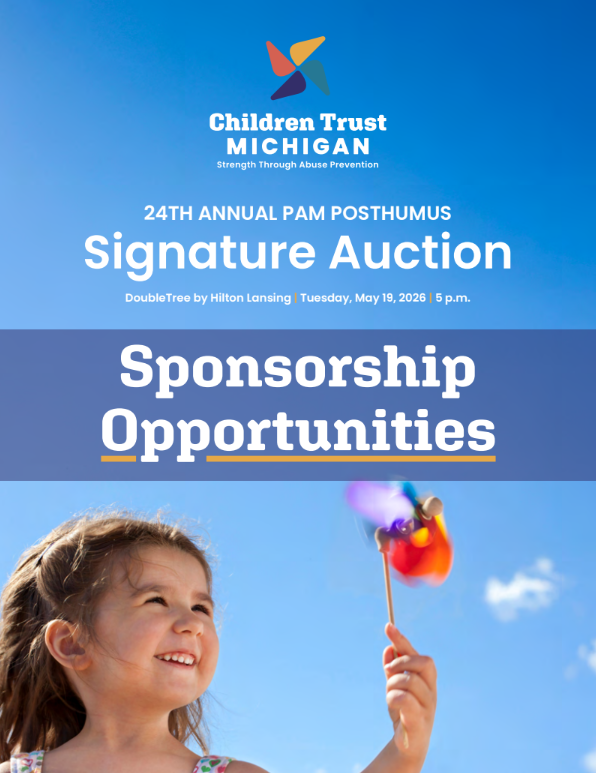 A smiling child holds a colorful pinwheel against a blue sky, promoting the Children Trust Michigan Signature Auction.