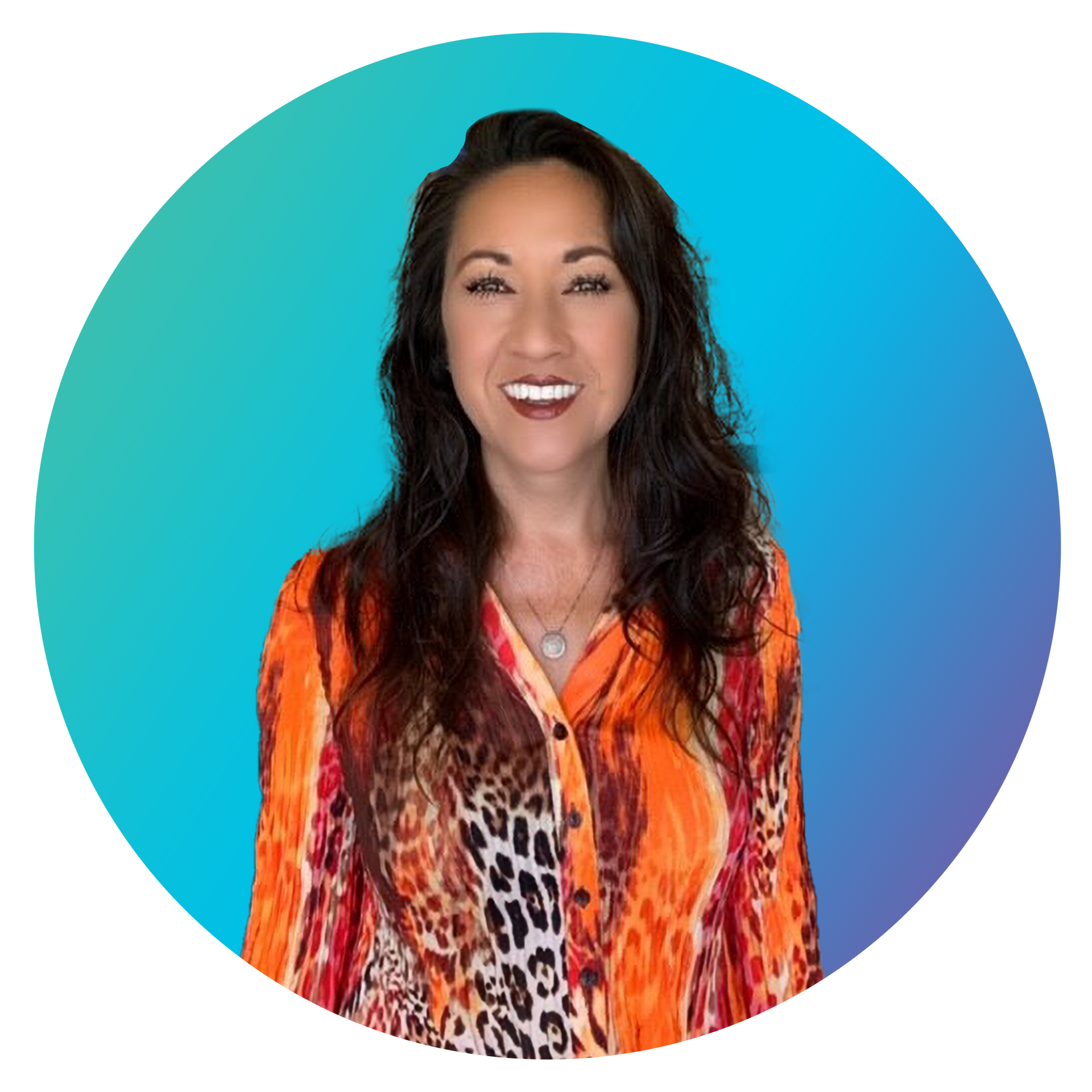 A woman in a leopard print shirt is smiling in a circle.