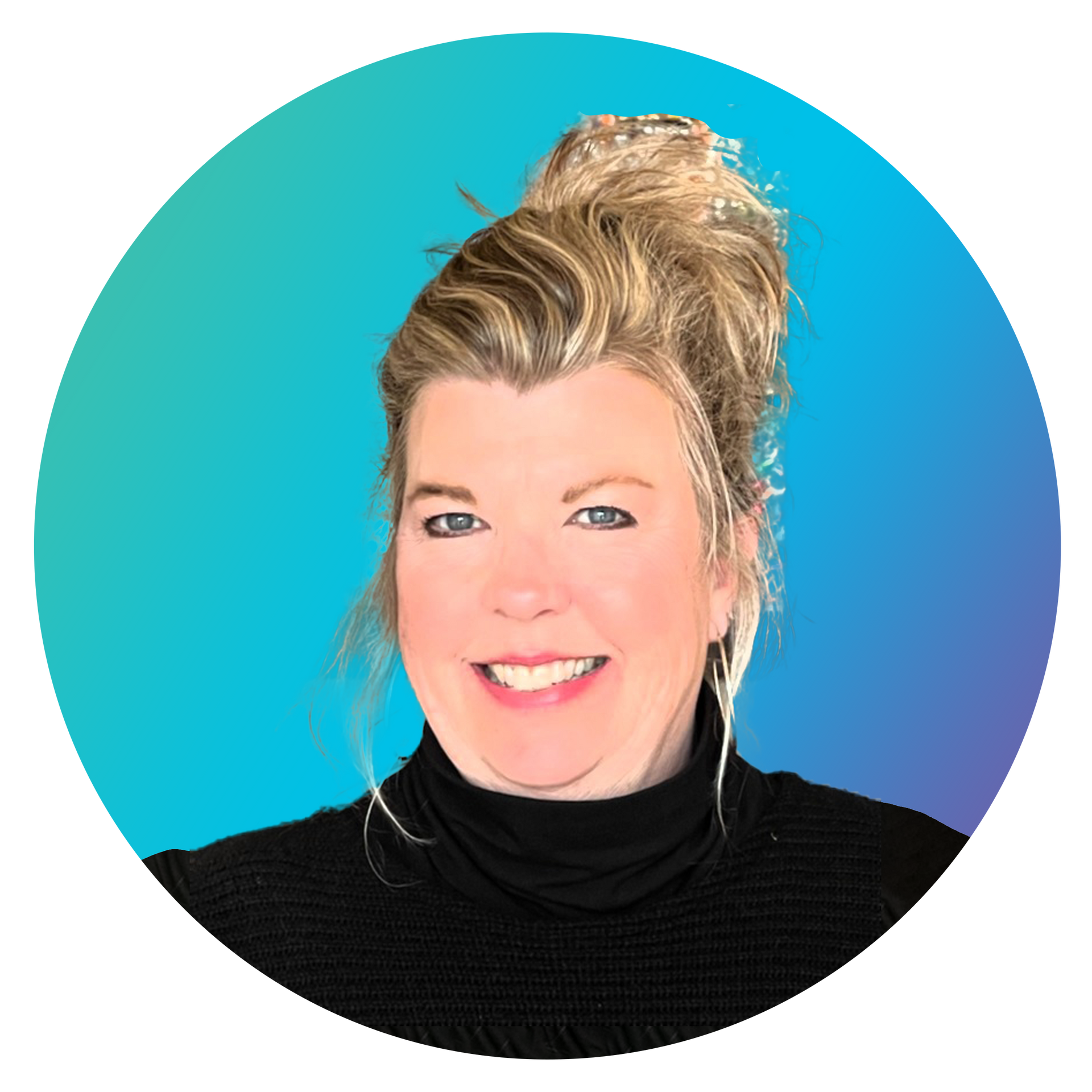 A woman in a black turtleneck is smiling in a blue circle.