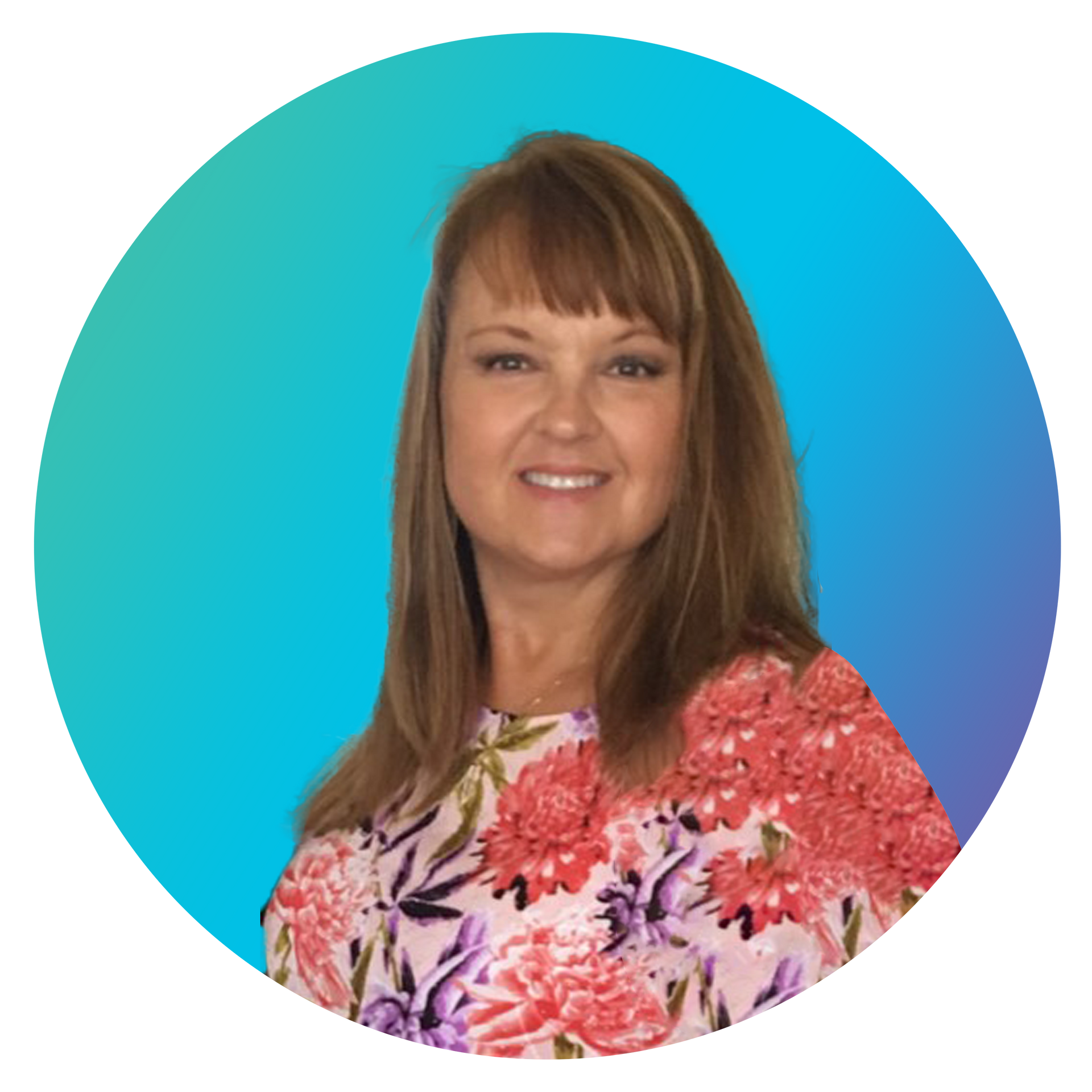A woman in a pink floral shirt is smiling in a blue circle.