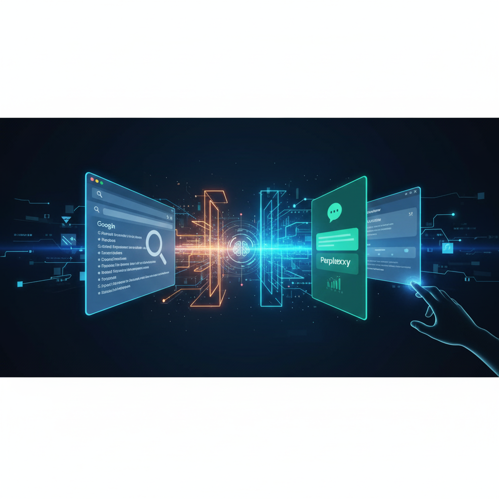 Digital illustration depicting futuristic technology with glowing interfaces and a hand interacting.