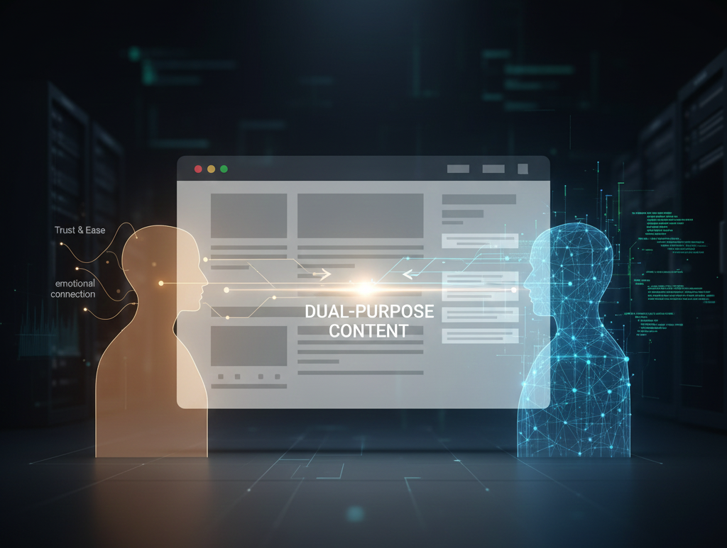 Two transparent figures facing a website interface labeled