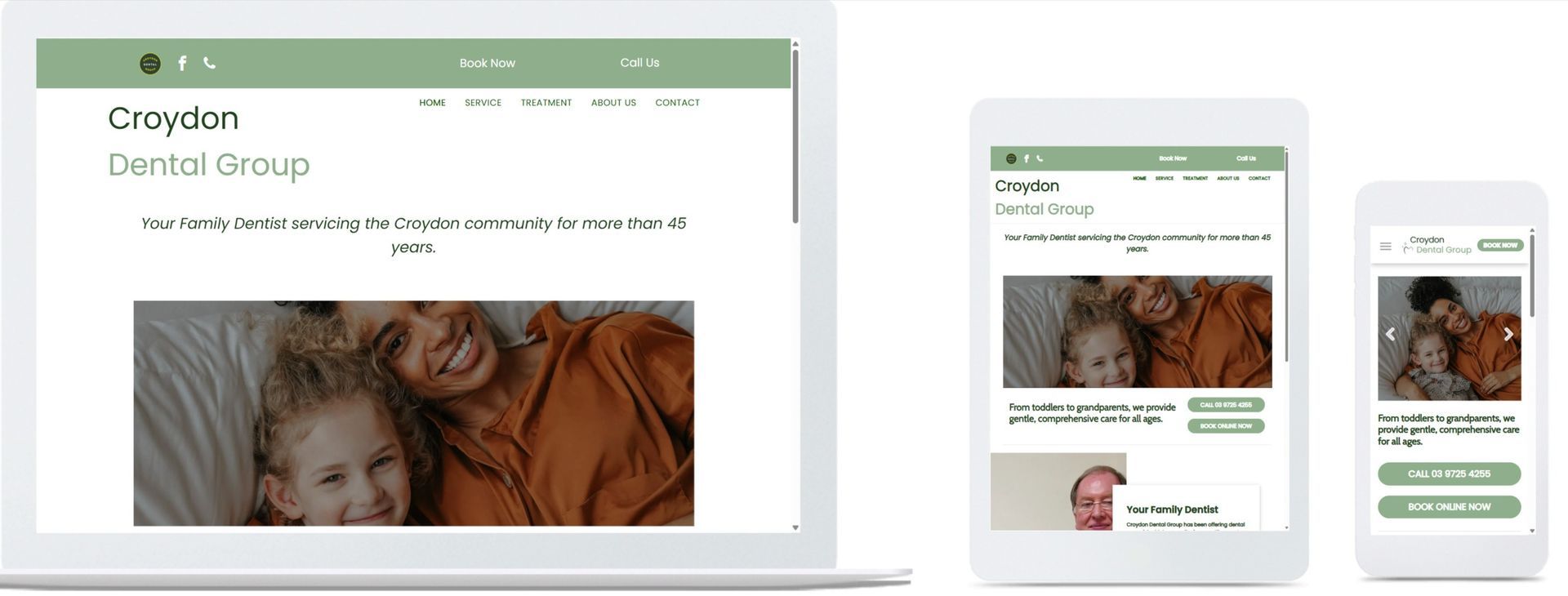 Website design example displayed on a laptop, tablet, and phone. Website has a green theme with a photo.