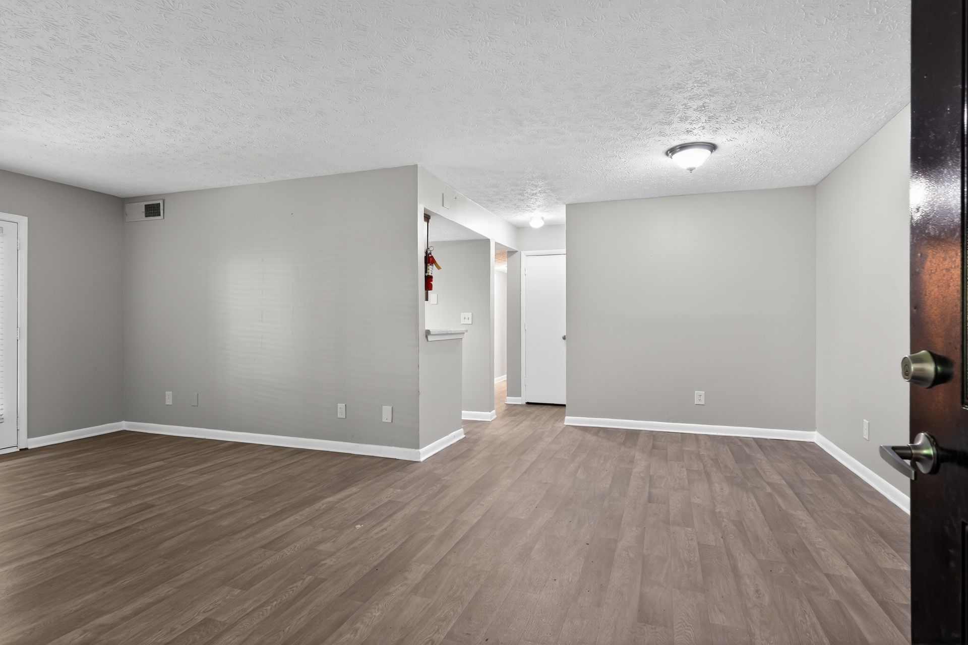Empty gray living room with wood-look flooring, white trim, and a hallway opening in the back.